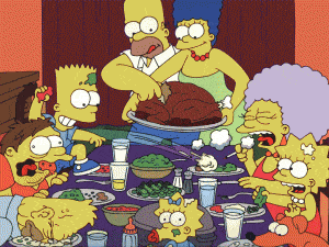 Cartoon of a family gathering for Thanksgiving dinner.