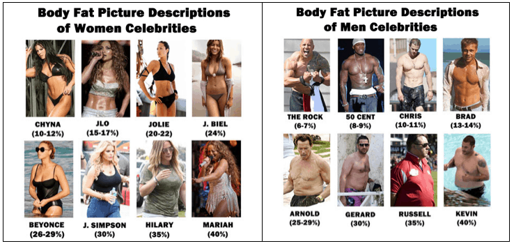 Body Fat Percentages of Male and Women Celebrities