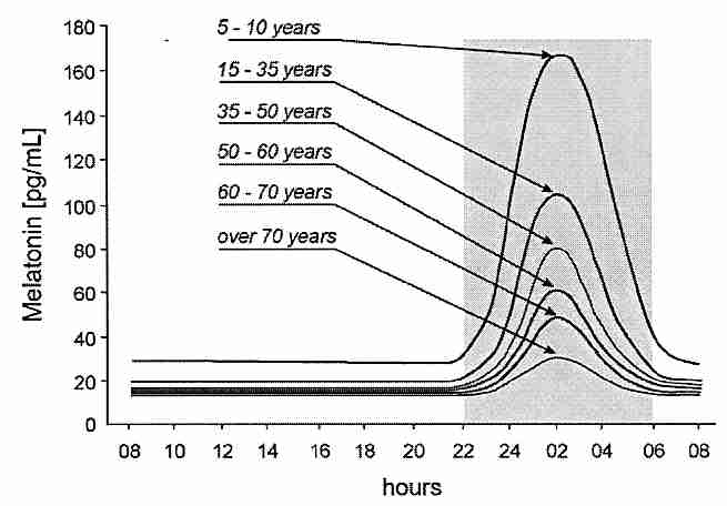 Normal melatonin peaks decline with age