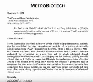 NMN Update: Metro Biotech's letter to FDA